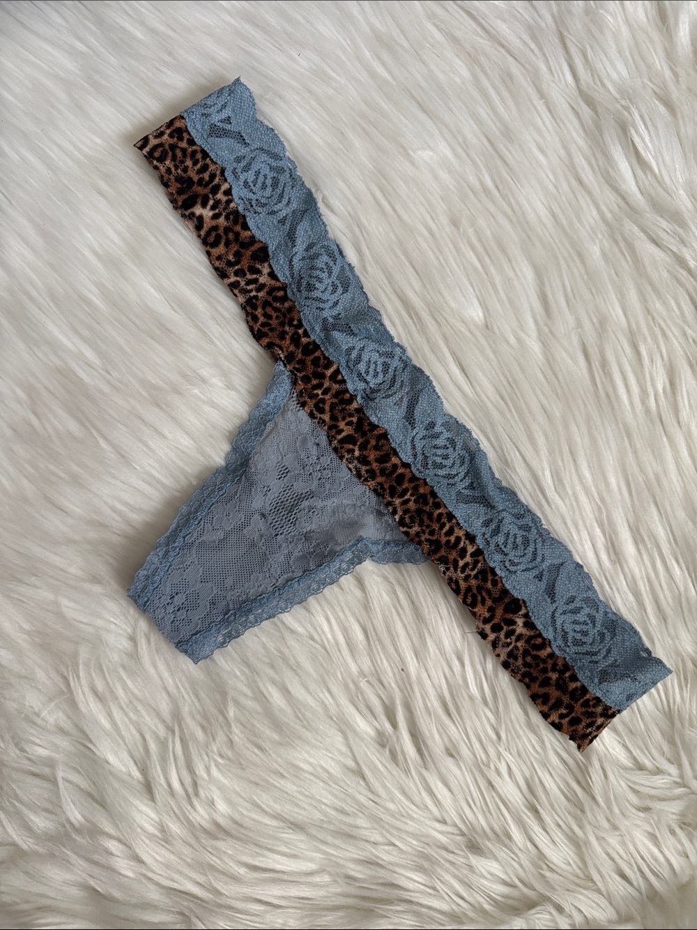 Victoria’s Secret VSX Light Blue Lace Thong with Leopard Trim